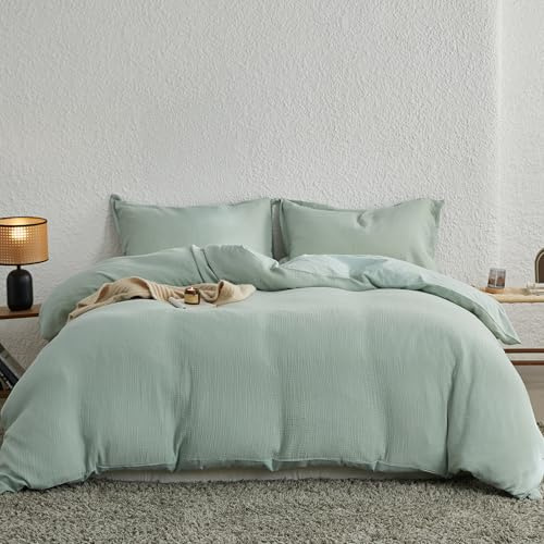 Simple&Opulence Set Copripiumino in Mussola, 100% Cotone Ultra Morbido e Leggero Tessuto Seersucker 1 con Federa, 135 * 200cm, Verde menta