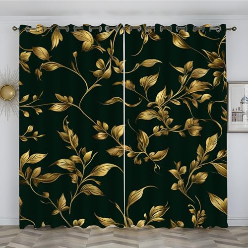loyaltyer Vorhänge Gold, Verdunklungsvorhänge mit Ösen Blickdicht Thermovorhang Schallschutzvorhang für Wohnzimmer Kinderzimmer Schlafzimmer Verdunkelungsvorhänge, 2x220x140 cm(HxB), Blatt, Schwarz