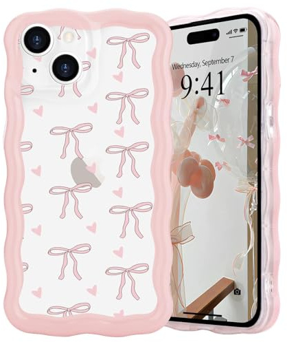 L-FADNUT Bow Case for iPhone 15, Curly Wavy Frame Cute Girly Bow Ribbon Pretty Phone Case, Soft Wave Clear Slim Silicone Shockproof Anti-scratch Cover for Women Girl, Small Heart