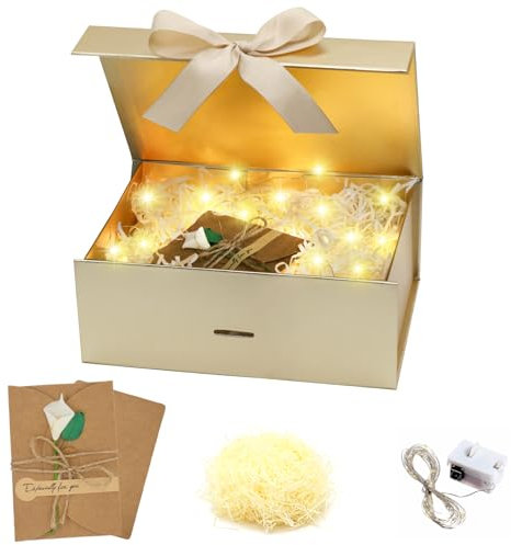 Idota Geschenkbox mit Deckel Magnetisch, 22 x 16.5 x 8.8cm Gold Geschenk Box Schleife Geschenkkarton Geburtstag mit Raffia, Grußkarten, Licht, Geschenkverpackung für Hochzeit Geburtstag