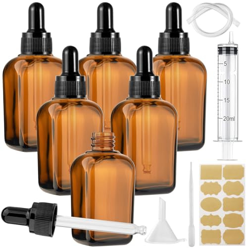 Annickee 6 Stück Pipettenflasche 100ml, Tropfflasche Braunglas mit 5 Hilfszubehör, Braunglasflasche, Apothekerflaschen mit Pipette, für Ätherische Öle, Flüssigfarbstoffen, Parfümöle, Aromatherapie