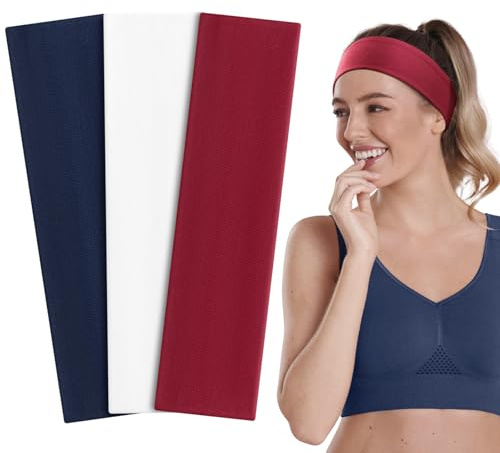 Tumurup Sport Stirnband Haarband Damen & Herren Elastisch Antirutsch - Atmungsaktives Schweißabsorbierendes Headband & Stirnbänder für Yoga, Laufen, Fitness & Alltag, 3er Pack (Weiß/Rot/Navy)