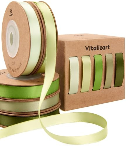 Vitalizart Grüne Serie Satinband für Handwerk 0,95 cm x 45,7 m Geschenkband | Doppelseitige Dekoband Stoff für Geschenkverpackungen, Schleifen Machen, Brautstrauß, Dekoration 5 Rollen x 9,14 m