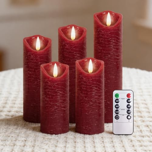 PinnWaa LED Kerzen, 5 flammenlose Stumpenkerzen mit Timer, Rot | 10-Tasten-Fernbedienung, realistisch flackernde Flamme, Batteriebetrieb, Dekobeleuchtung für Weihnachten, Hochzeit und Party