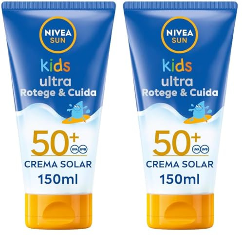 NIVEA SUN Kids Ultra Protege & Cuida FP50+ Crema solar para niños a partir de 3 años (150 ml), protector solar resistente al agua, crema hidratante con protección solar UVA & UBV (Paquete de 2)