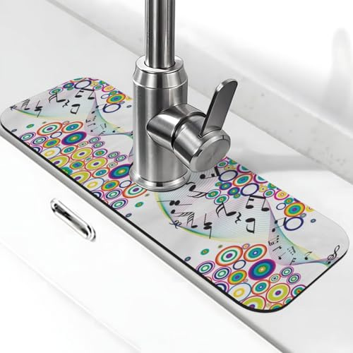 EZDLOWVBA Tapis de robinet en pierre imprimée de notes de musique dans l'arc-en-ciel pour évier de cuisine, tapis absorbant en diatomite, protection anti-éclaboussures pour salle de bain et cuisine