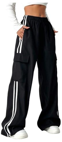 SHENHE Girl's Cargo Pants Wide Leg Side Stripe Baggy Track Pants Workout Athletic Trousers Black 10Y