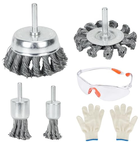 Fairblo 4Pcs Wire Brushes Drills Set Twist Knot Wire Wheel Cup End Brush with 1/4-Inch Hex Shank Wire Brush Drill Attachments with Gloves Safety Goggles Wire Brush for Drill Cleaning Rust Paint