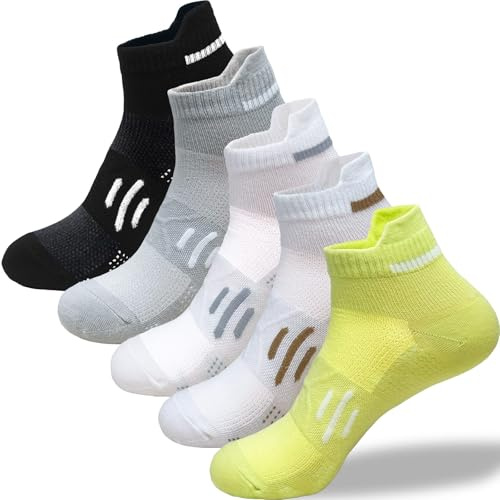 QUPOLPOL Löparstrumpor för män – dämpade träningsstrumpor, anti-blister ankelstrumpor, andas, fukttransporterande, idealiska för sport, gym, promenader och dagligen, 5 par, UK 6-11