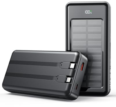 Solar Powerbank 27000mAh, Power Bank mit 2 Kabeln, 22,5W Schnelllade | Power Bank, Tragbares Ladegerät, LED-Display, geeignet für Smartphones