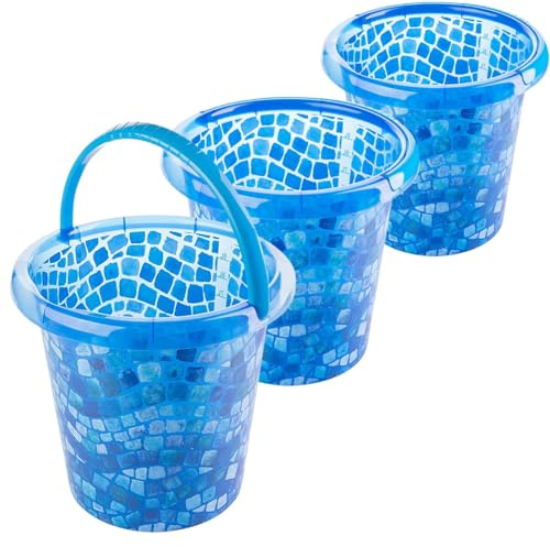 2friends Haushaltseimer 3er Set 10L, Putzeimer Blau im Mosaik-Design, Stabiler Kunststoff mit Innen-Skala, verstärktem Rand, praktischem Griff, Made in EU, transparent, stapelbar