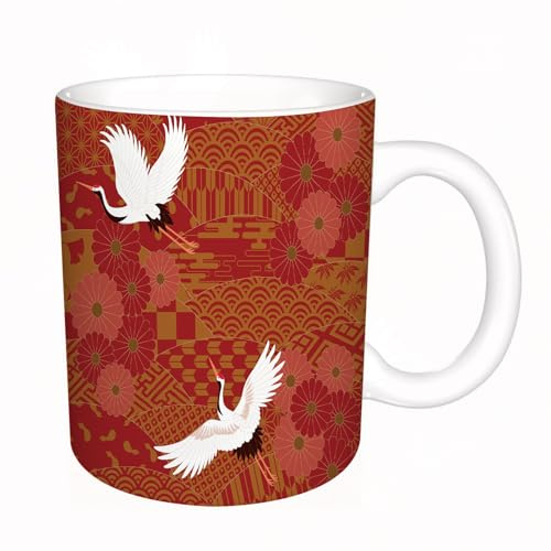 AELKSP Tazzine caffe,tazze divertenti,tazze colazione,tazze da the,tazza colazione,regalo uomo,regali divertenti,Due gru e crisantemi, motivo a onde tradizionale giapponese,11oz/330ml