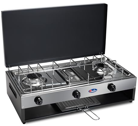 CFParker Fornello a gas Gpl 2 fuochi con grill inox per uso esterno mod 552GSP Colore Grigio Grafite - Casa e Campeggio