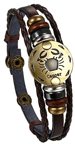 Flongo Leder Echtleder Armband Armreif Lederarmband Geflochten Braun Bronze Sternzeichen Horoskop Tierkreis Sternbild Kugel Perle Surfer Wickeln Einstellbar Verstellbar Herren,Damen