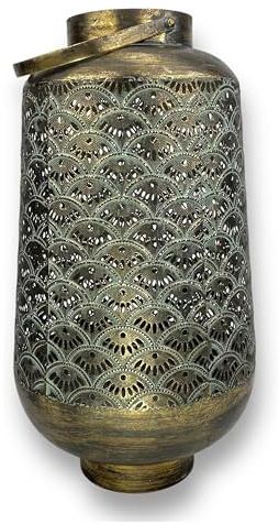 Crispe Home & Garden | orientalisches Windlicht aus Metall | Laterne Jaipur | Türkis/Gold | Höhe 55 - Ø 30 cm - Höhe mit Henkel 67 cm | mit Henkel aus Metall | Goldschimmerndes Licht