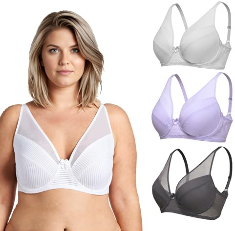 Curve Muse Soutien-Gorge pour Femme Taille Plus, Non doublé, à Armatures, Soutien-Gorge intégral-Lavande, Gris, Crème-90D