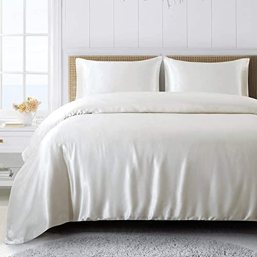 Lanqinglv Satin Bettwäsche Set 135x200 cm Weiß Seide Glatt Glanzsatin Luxus Sommerbettwäsche Set Satin Polyester Uni Bettbezug mit Reißverschluss und 1 Kissenbezug 80x80cm