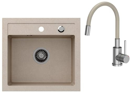 VBChome Fregadero de granito beige 50 x 47 cm – Fregadero de cocina individual con grifo y sifón, fregadero de cocina moteado de compuesto