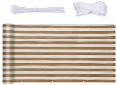 Sekey Balkon Sichtschutz Balkonabdeckung HDPE 220 g/m², 90x500cm, Leicht Transparent Wind- und UV-Schutz Wetterfest, mit Ösen, Nylon Kabelbinder und Kordel, Braun-Gelb Gestreift