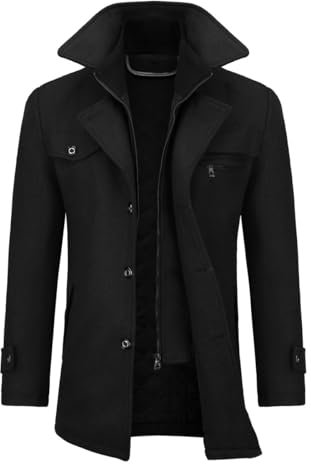 Allthemen Cappotto da Uomo in Lana Trench Slim Fit da Lavoro Corto Business Trench Coat Soft Touch Calda Invernale Coat Nero M