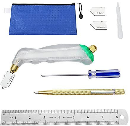 LEONTOOL Cutting Tool Kit Pistol Grip Oil Feed Glass Cutter Glass, 2 Extra Blades 2mm-20mm, Oil Dropper, Tungsten Scribe Engraving Pen, Screwdriver, Steel Ruler with Blue Storage Bag