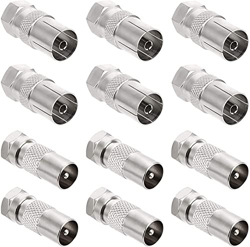 Guichangkai 12Pcs F Plug Male to Coax Socket Female Adaptor Male and Female TV Aerial Coaxial Cable F-Connectors Adaptor, Satellite F Type Screw Connector (Silver)