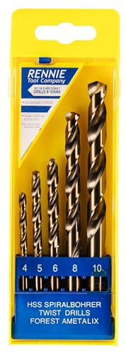 Rennie Tool Company 4-10mm HSS Cobalt Drill Bit Set With Plastic Case - Drill Bits Set of 5 Pieces for Stainless Steel, Aluminium, Hards Metals, Cast Iron, Plastic & Wood