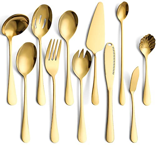 Dadamong 11-Piece Serving Utensil Set, Stainless Steel Modern Flatware Serving Set Serving Spoons Fork Knife Ladle, Tableware Cutlery for Home Restaurant Buffet Party (Gold)