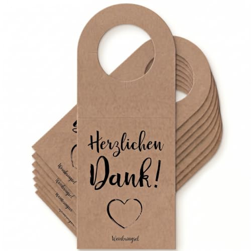 Flaschenanhänger Herzlichen Dank! mit Herz - Weinflaschenanhänger aus Kraftpapier für piccolo und große Flaschen (10 Stück)