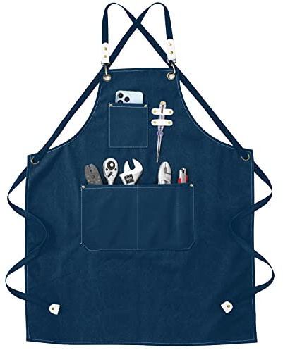 Delantal de trabajo - Delantal de soldadura con bolsa de herramientas Correas cruzadas ajustables Ropa protectora para hombres y mujeres Perfecta para jardín Cocina Cerámica Garaje Azul 78 * 57