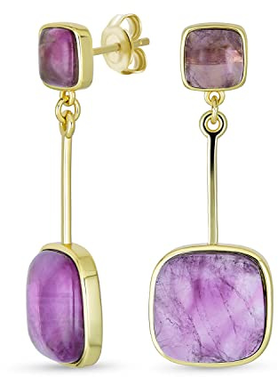 Orecchini Pendenti Eleganti Semplici Geometrici Con Gemma Naturale Briolette Ametista Viola Quadrata Per Donne Placcati In Oro Giallo
