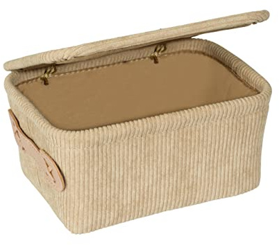 WENKO Badkorb Mod. Anela mit Deckel aus 100 Prozent Polyester im Cord-Design mit Kunstledergriff zur Aufbewahrung von Badutensilien 19 x 10 x 14 cm Beige