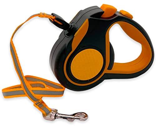 Handliche Hundeleine Rollleine für kleine Hunde bis 10 kg, Anti-Rutsch Griff, Bremssystem, 3m Länge, Gehäuse reflektierend (Neonorange)