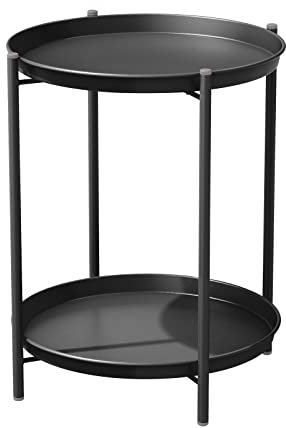 Grand patio Runder Beistelltisch, Kaffeetische, 2 Ebenen, für Wohnzimmertisch, Schlafzimmer, Garten, Sofatisch, Nachttisch, abnehmbare Schale, einfacher Aufbau, Metall 45x45x53cm (Schwarz)