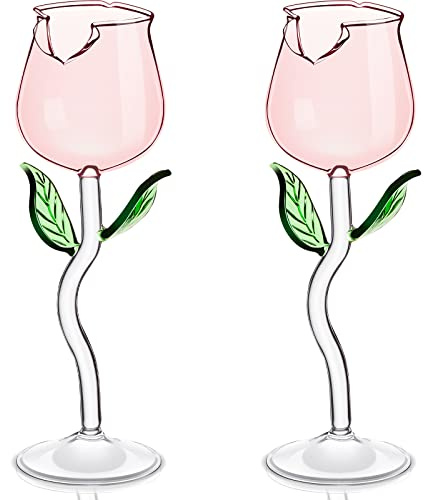 Cunhill 2 Pack Rose Wine Glasses 6oz Creative Crystal Red Wine Glasses Rose Flower Goblet Cocktail Juice Glass for Party Bar Wedding