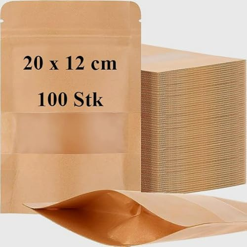 100 stycken kraftpapperspåsar 20 x 12 x 4 cm papperspåsar med fönster papperspåse brun lufttäta kraftpapperspåsar tryckförslutningspåsar förpackningspåsar för kaffe, torkade, teblad, nötter