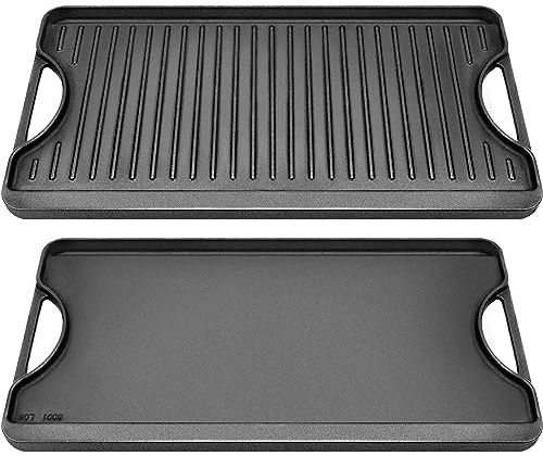 GGC Cast Iron Reversible Griddle, 2-in-1 Griddle Pan for Gas Stove Tops, Gas Grills and Camping, 20 x 10.5 Flat and Ribbed Griddle Plate for Indoor and Outdoor Cooking
