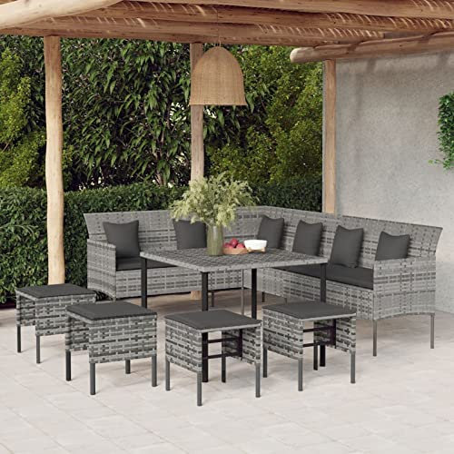 BaraSh 6-TLG. Garten-Essgruppe Gartentisch Mit StüHlen Set Loungegruppe LoungemöBel GartenmöBel Esstisch mit Kissen Grau Rattan