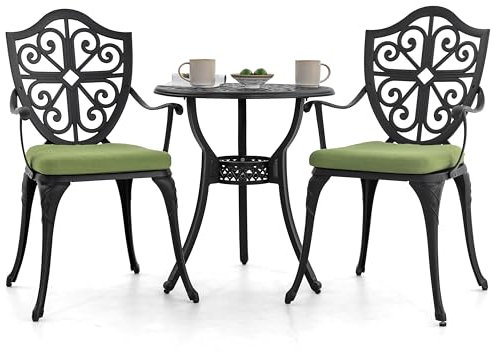 NUU GARDEN Bistroset i 3 delar, utomhus, bistroset i aluminium med paraplyhål och gröna kuddar, bistrobord och stolar, set med 2 för uteplats, trädgård, svart