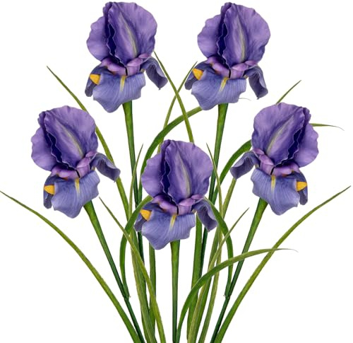 Hollyone Purple Artificial Iris Flowers with Long Stems, 5PCS Faux Silk Flowers for Home Decor, Fake Floral Arrangements for Living Room, Bedroom, Kitchen, Bathroom, Wedding, Party, Spring Decorations