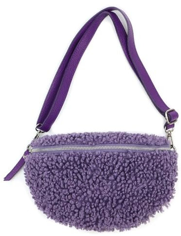 OBC Made in Italy Damen Teddyfell Tasche Plüsch Bauchtasche Hüfttasche Schultertasche Bodybag Umhängetasche Crossbody Teddyplüsch Handytasche Crossbag Gürteltasche Wintertasche Lammfell-Optik Lila