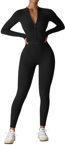 YEOREO Women Long Sleeve Workout Jumpsuit Zip Up Romper Bottom Pants Bodysuit Bodycon Sexy One Piece Black XL