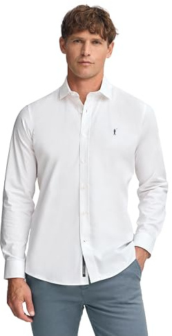 Polo Club Camicia Slim in Popeline Uomo con Logo Ricamato 100% Cotone, Bianco Puro -M