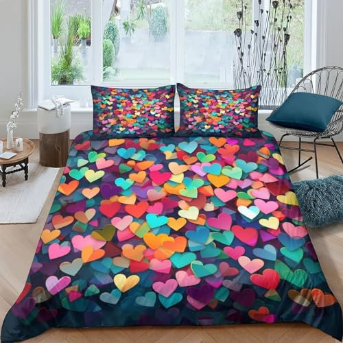 Cuori colorati 3D Stampa Digitale Romantico e caldo Set Copripiumino Copripiumino 3 Pezzi E Federe Con Cerniera Set Di Biancheria Da Letto Microfibra Morbido Per Bambini Double（200x200cm）