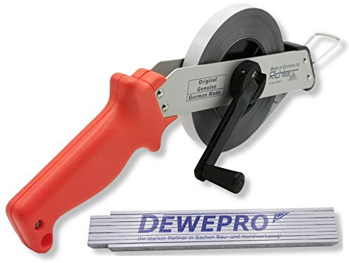 Richter Stahlbandmaß Bandmaß 13mm breit mit Leichtmetallrahmen - Länge: 10m - Maßanfang B - weiß lackiert mit cm-Teilung - Stahlbandmaß 412W-SR10-B, im Set inkl. 1 St. DEWEPRO® Zollstock 2m