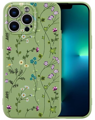 RALEAVO Hülle für iPhone 13 Pro, Süß Blumen Silikon Schutzhülle, Grün | Blumen Hülle für iPhone 13 Pro, Flüssig Silikon Stoßfeste Schutzhülle Niedlich Dünn mit Microfiber Matt Hülle