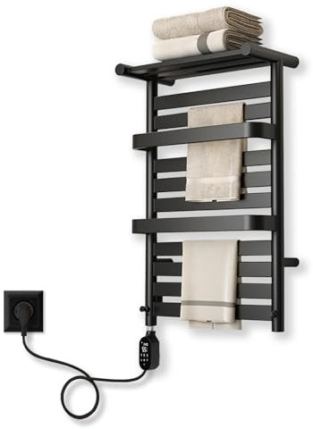 Badheizkörper Elektrisch, 380W Handtuchheizkörper Elektrisch mit LED Bildschirm und APP-Steuerung, Handtuchhalter Heizkörper Ntelligente Konstante Temperatur,Kohlefaser Heizung- Black Left||78X50X25cm