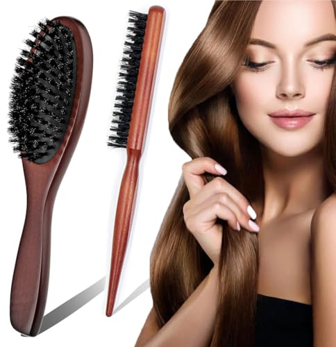 2 Stücke Wildschweinborsten Bürste, Sleek Bun Bürste Haarbürste aus Holz, Hair Brush Boar Bristle Hair Brush, Reduziert Haarbruch und Frizz, professioneller Salonkamm für Lange Haare