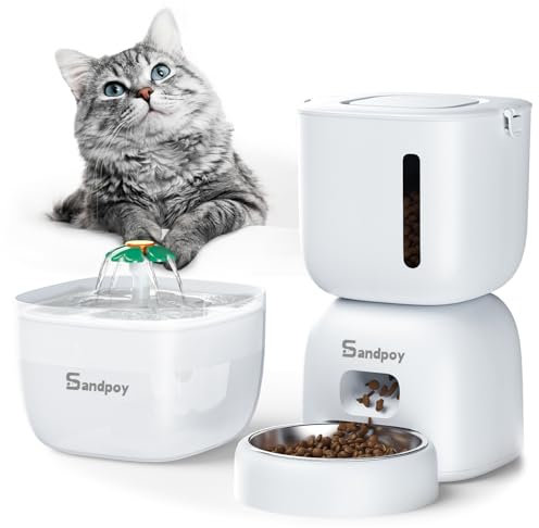 Sandpoy Automatic Cat Feeder and Water Dispenser, 3L Cat Food Dispenser with Locking Lid, Timed Cat Feeder for Dry Food, Portion Control, 4 Daily Meals, Pet Feeder for Cats and Puppies (White)