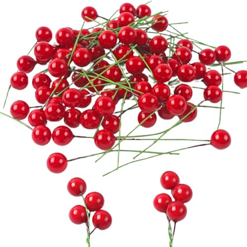 100 Stück rote Mini-Beeren, Weihnachtskugeln, runde Kirschfrucht-Accessoires, Weihnachts-Stechpalmen-Beeren-Kranz-Zubehör, Kunsthandwerk zum Dekorieren von Zweigen und zum Dekorieren von Geschenken
